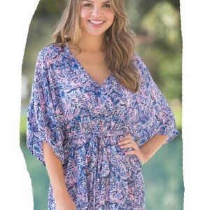 Simply Southern L-XL Blue and Pink Leaf Palm Beach Coverup Kimono Top